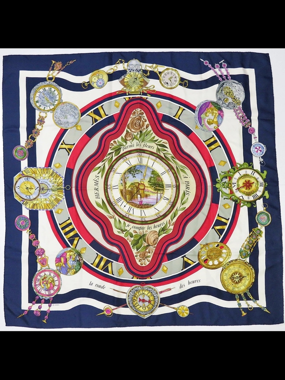 Hermès Navy, Red, Pink & Gold Clock Motif Silk Scarf - Picture 1 of 13